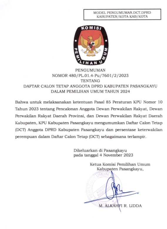 Daftar Calon Tetap Anggota DPRD Kabupaten Pasangkayu Dalam Pemilihan Umum Tahun 2024