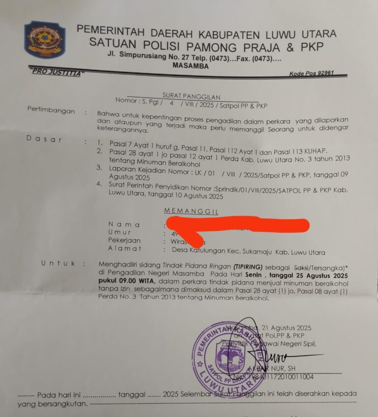 Pemilik Kafe di CKD Akan Di Sidang Di PN Masamba Terkait Dugaan Jual Miras Tanpa Izin