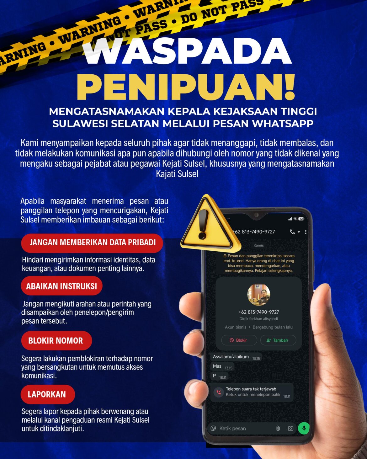 Modus penipuan Terdeteksi Gunakan Teknologi AI, Kejati Sulsel Minta Masyarakat Waspada Yang Mencatut Nama Kajati Sulsel